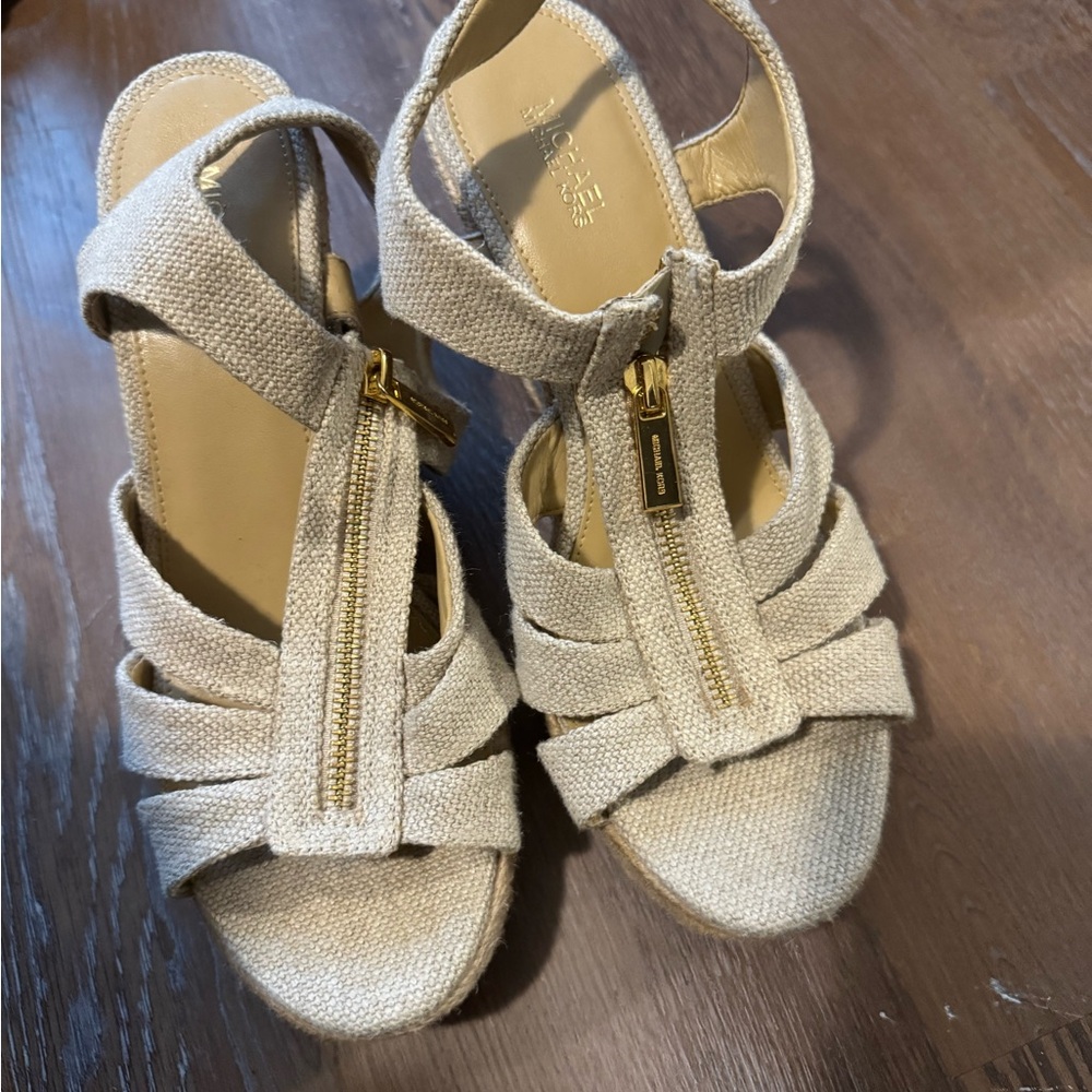 Michael Kors Beige Espadrille Sandals with Gold Accents